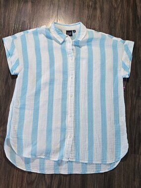 GAP 100% Cotton Classic Style Blue & White Striped Tunic Blouse NWOT/SIZE L TALL